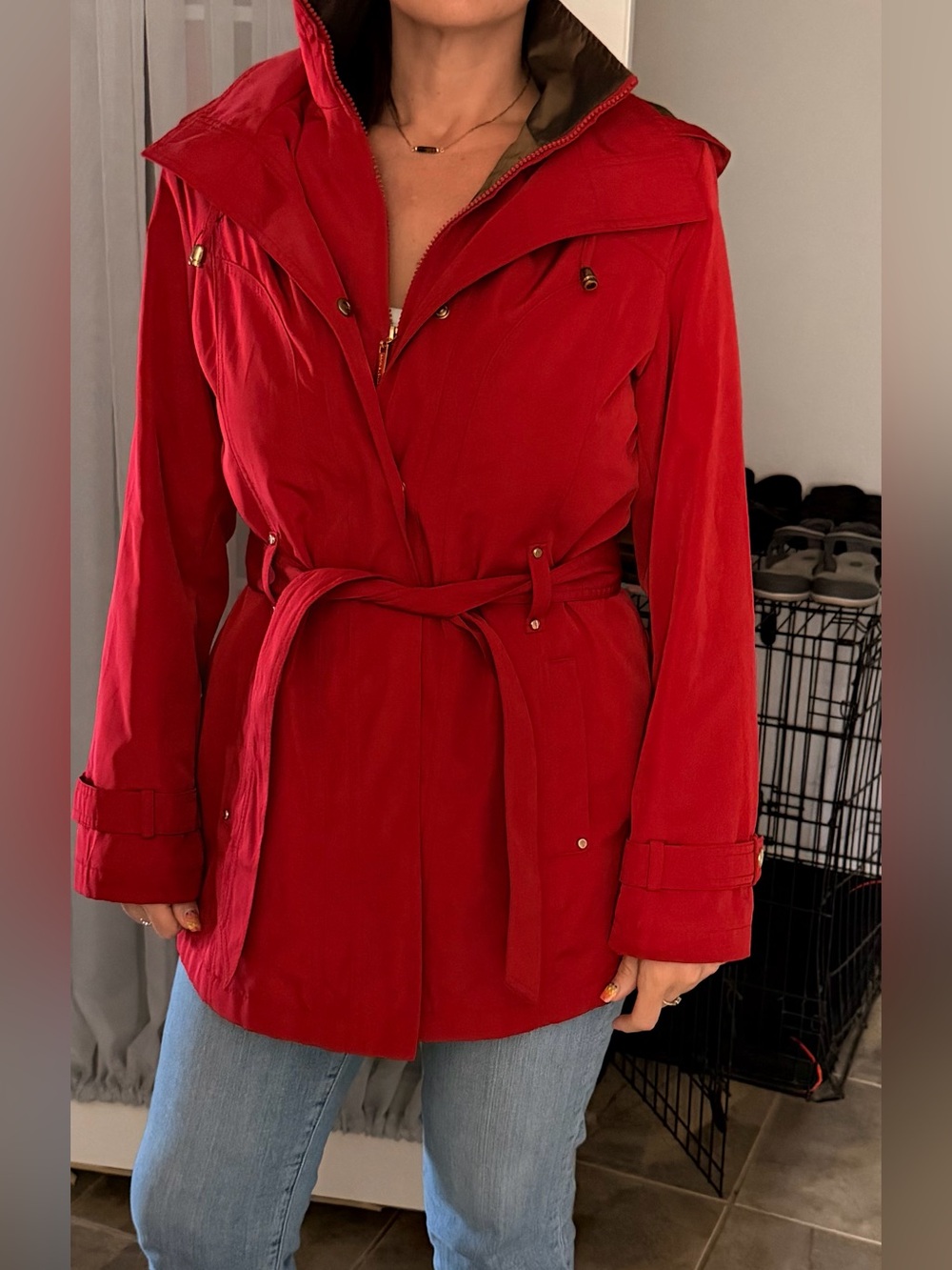 Dana Buchman Red Belted Trench Jacket with Hood Medium